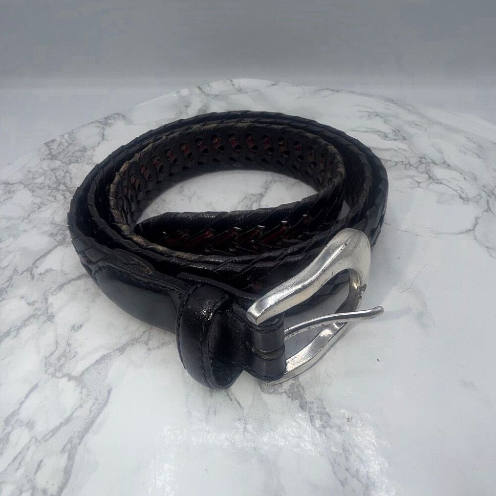BRIGHTON Black and Brown Woven Leather with Silver Buckle Belt-40/XL